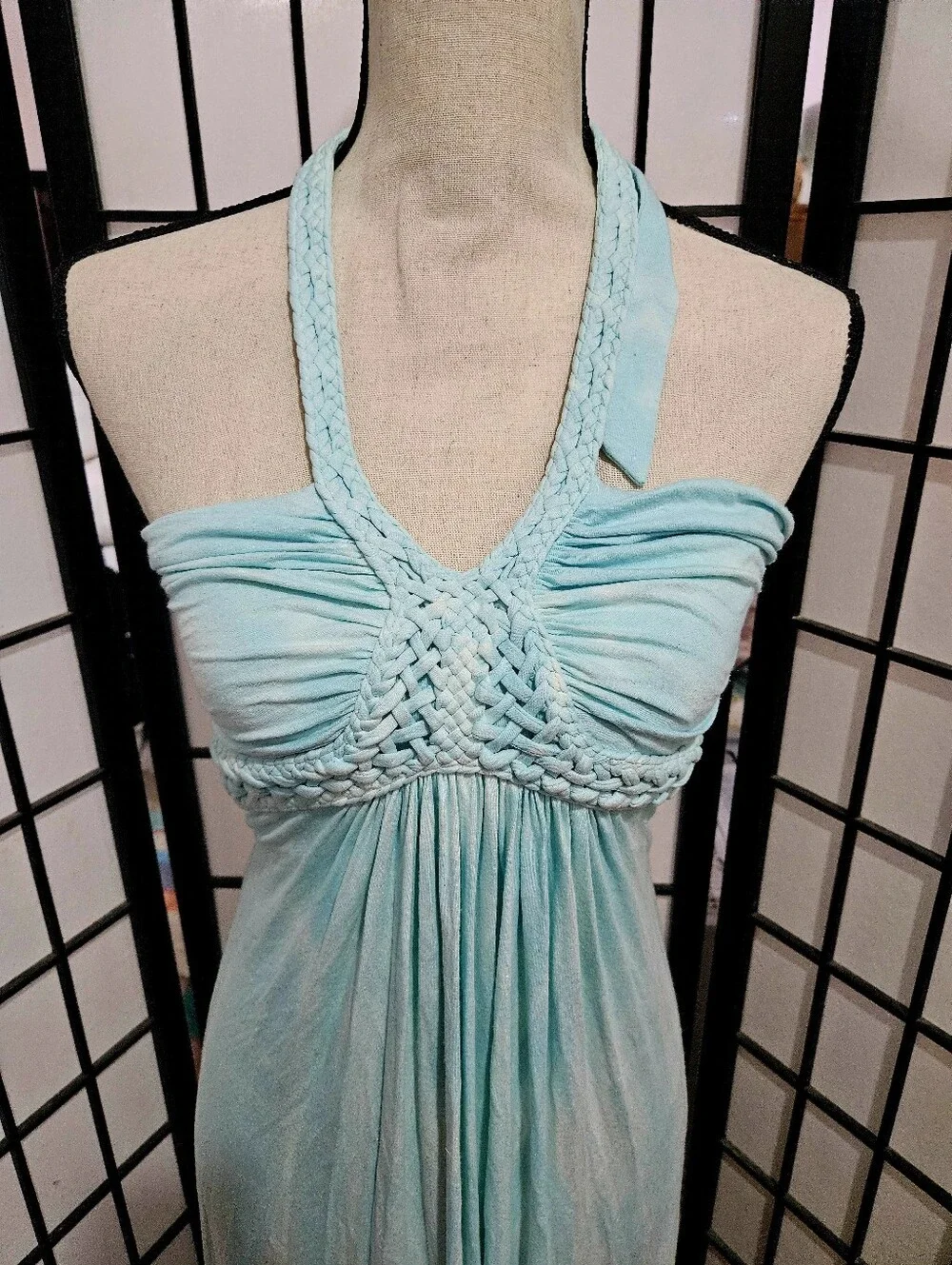 Sky Size Small Teal Ombre Tie-Dye Jersey Braided Halter Maxi Dress - Picture 2 of 6
